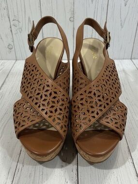 Cork and leather sandals by Nicole. 3 inch wedge heel. Size 8.